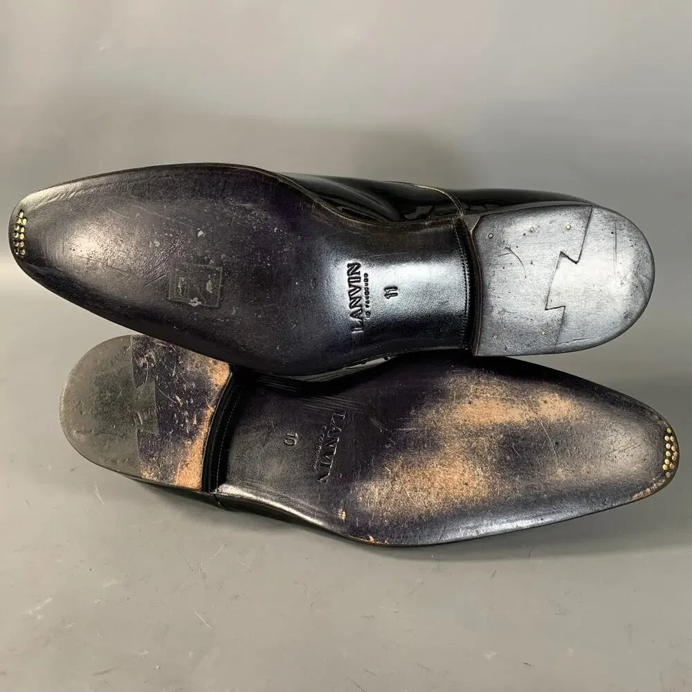 LANVIN Size 11 Black Patent Leather Tuxedo Lace Up Shoes